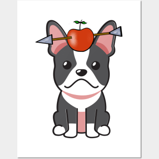 Funny french bulldog is playing william tell with an apple and arrow Posters and Art